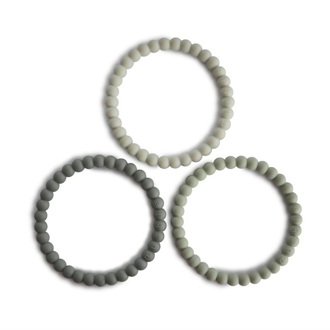 Mushie Pearl Teether Bracelets 3-Pack - Green Tea/Cool Gray/Sea Salt